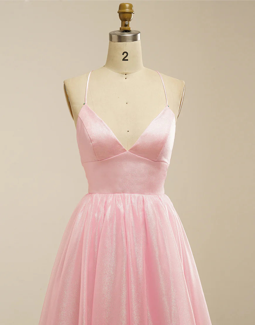 A-Line Spaghetti Straps Pink Prom Dress with Lace-Up Back