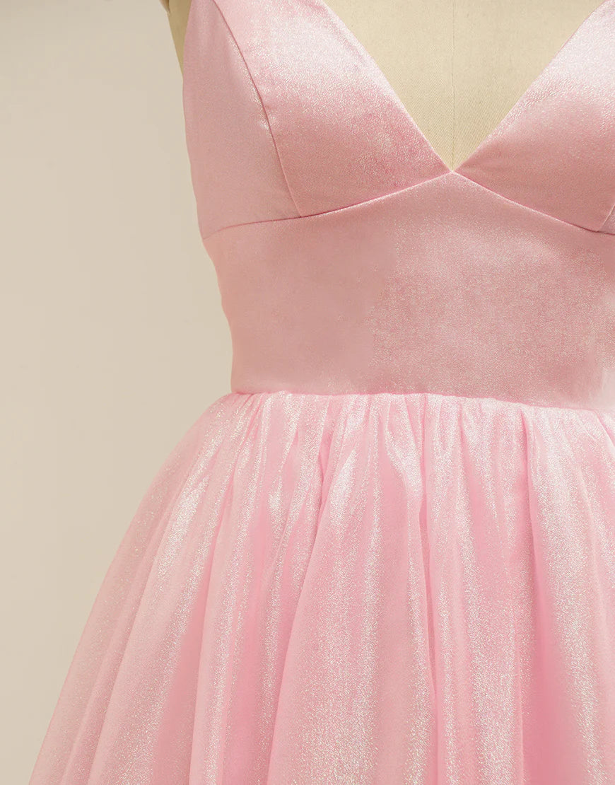 A-Line Spaghetti Straps Pink Prom Dress with Lace-Up Back