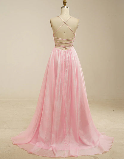 A-Line Spaghetti Straps Pink Prom Dress with Lace-Up Back