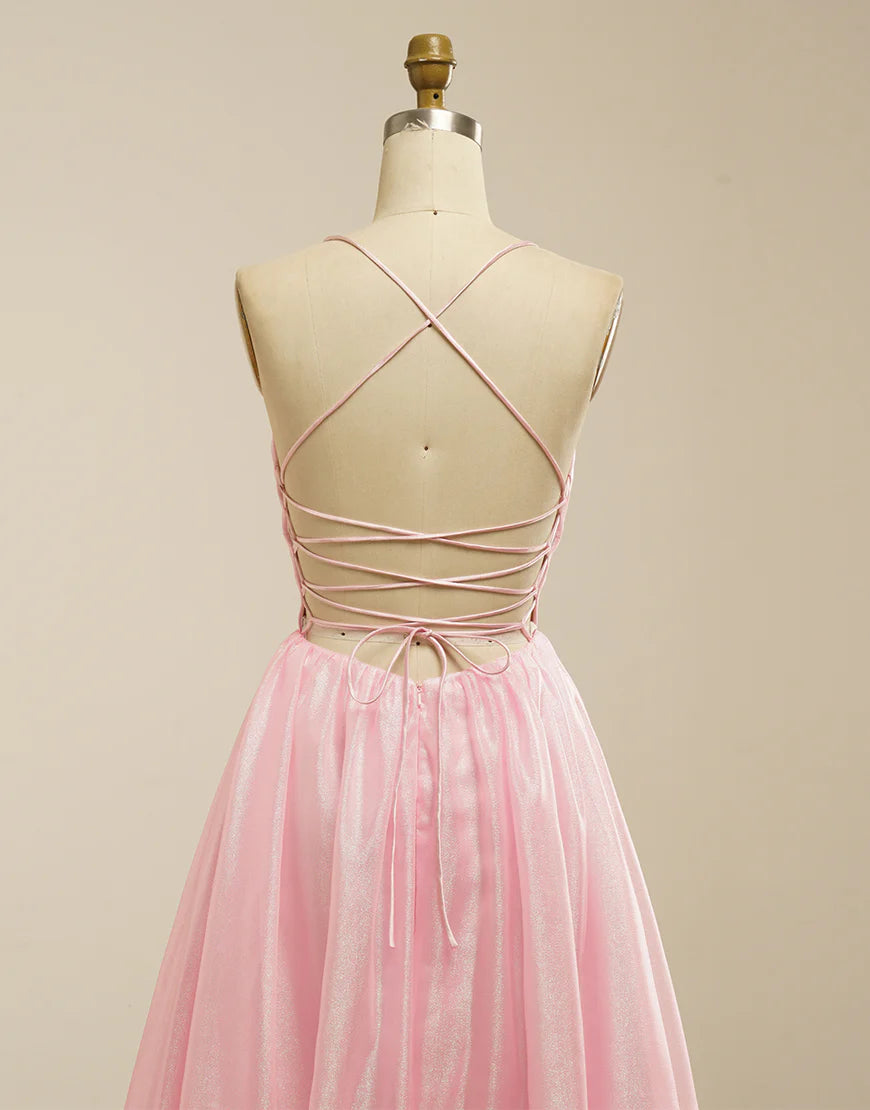 A-Line Spaghetti Straps Pink Prom Dress with Lace-Up Back