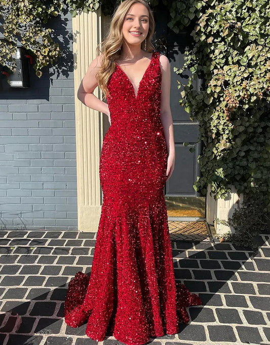 Sheath/Mermaid Low V Neck Long Prom Dress With Sparkly Sequins