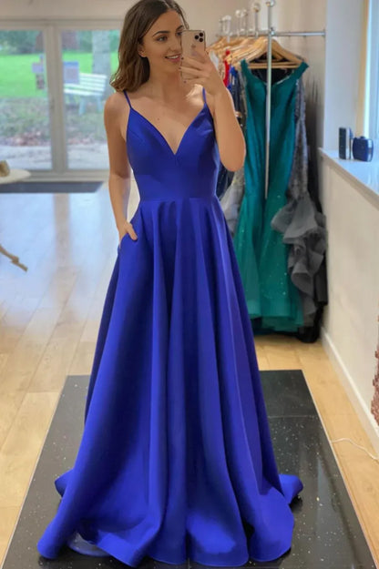 Spaghetti Straps  V-Neck Royal Blue Satin Long Evening Party Dresses Prom Dresses With Pocket