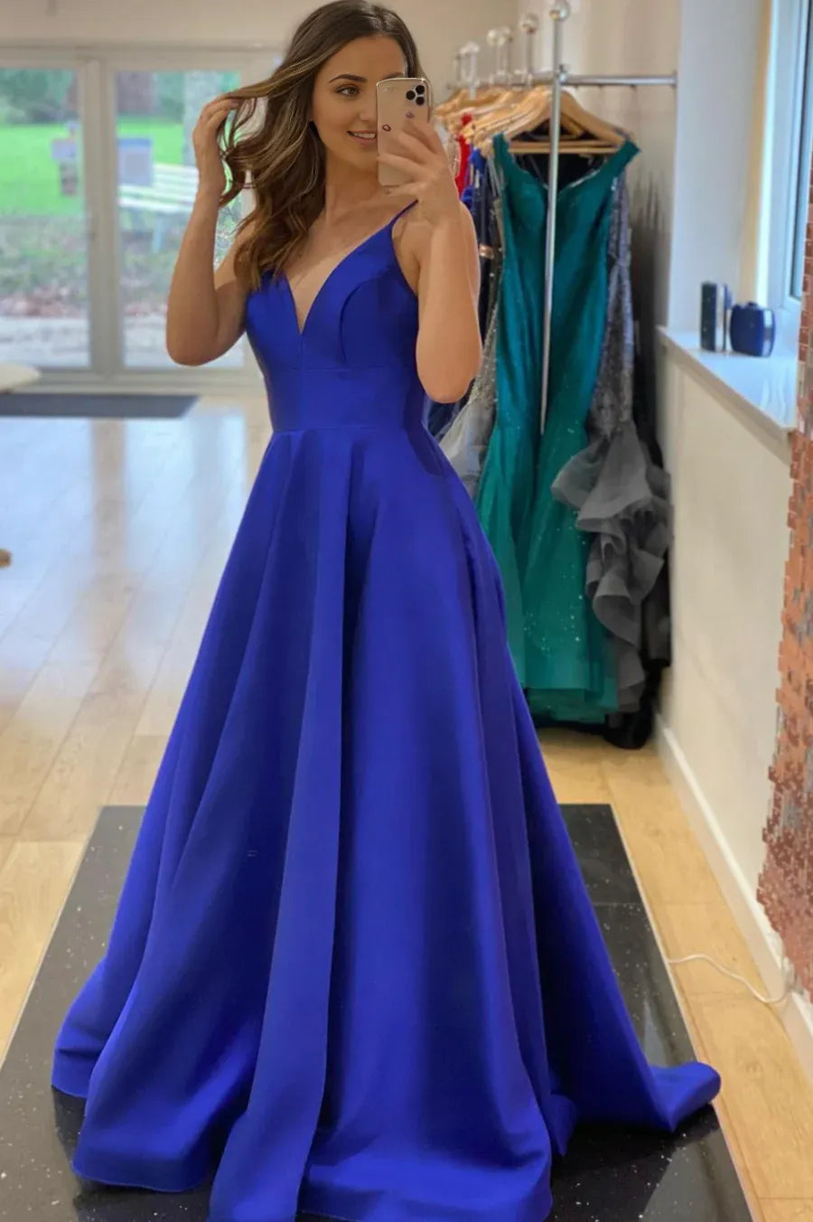 Spaghetti Straps  V-Neck Royal Blue Satin Long Evening Party Dresses Prom Dresses With Pocket