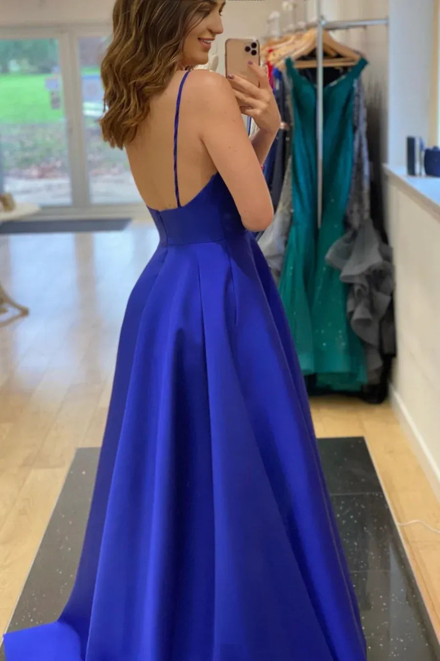 Spaghetti Straps  V-Neck Royal Blue Satin Long Evening Party Dresses Prom Dresses With Pocket