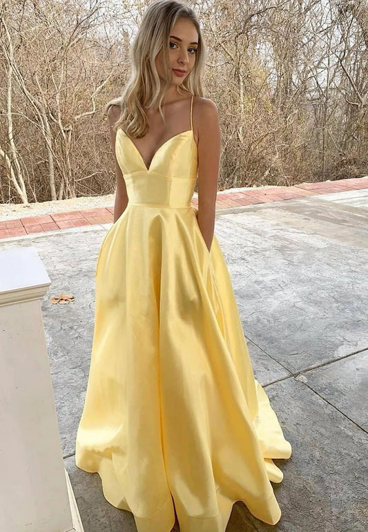 A-Line Spaghetti Straps V Neck Yellow Satin Backless Long Prom Dresses Evening Dresses With Pocket