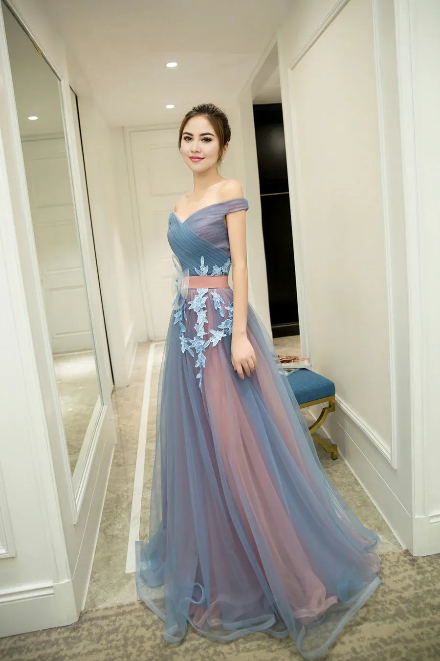 A-Line Tulle Lace Off The Shoulder Long Prom Dresses Evening Dresses With Appliques