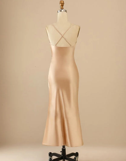 Mermaid Spaghetti Straps Champagne Beach Long Bridesmaid Dress