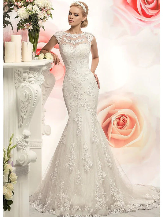 Mermaid Trumpet Wedding Dresses Jewel Neck Court Train Lace Tulle Cap Sleeve with Appliques