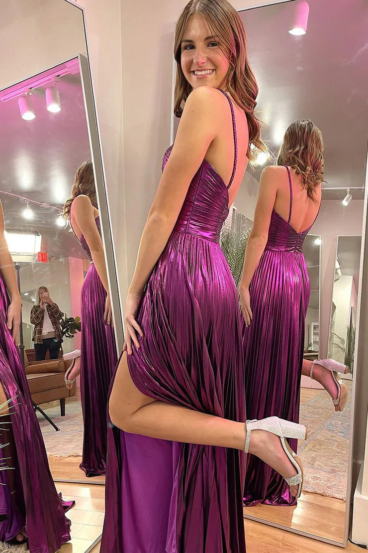 A Line Spaghetti Straps Cutout Purple Sparkly Satin Prom Dress with Slit