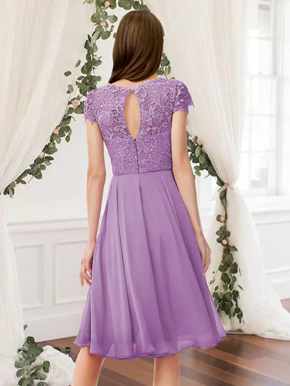 A-Line Jewel Neck Knee Length Chiffon Lace Bridesmaid Dress with Pleats