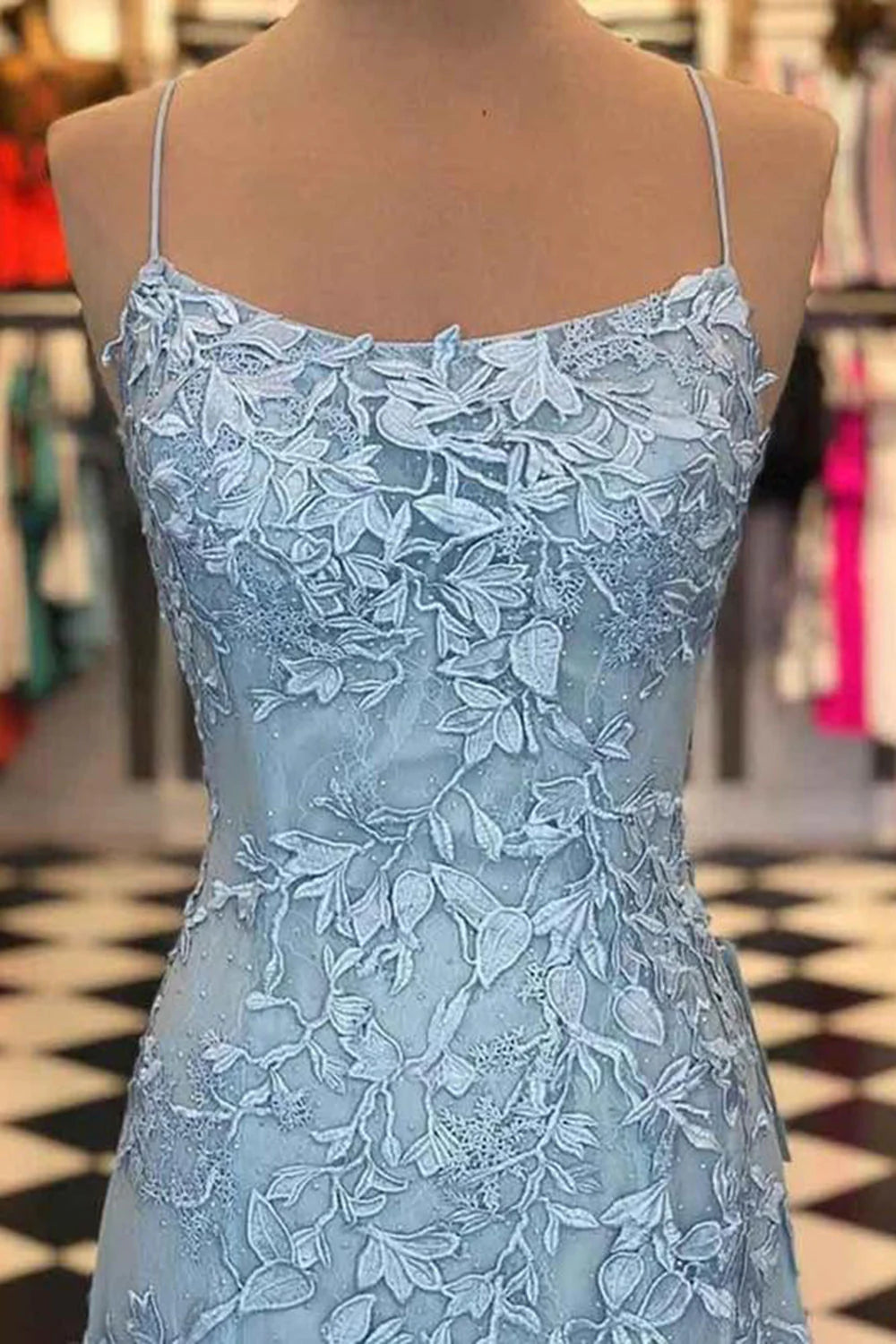 Mermaid/Trumpet Prom Dresses Sweep / Brush Train Floral Dress Spaghetti Straps Backless Appliques Prom Dress