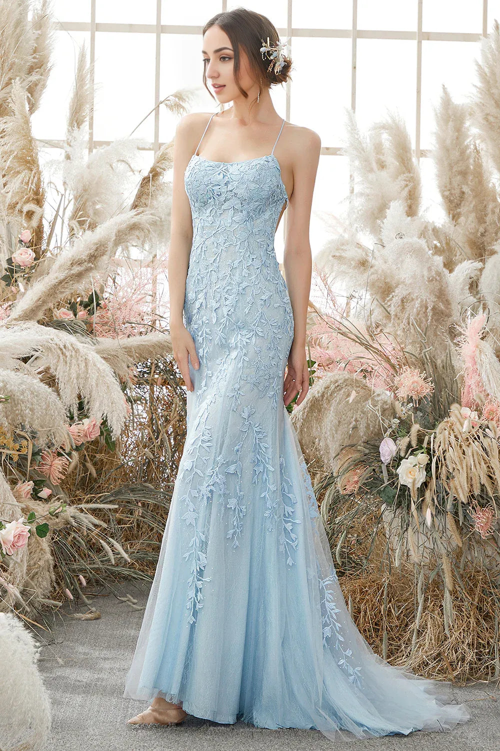 Mermaid Backless Spaghetti Straps Prom Dress With Appliques