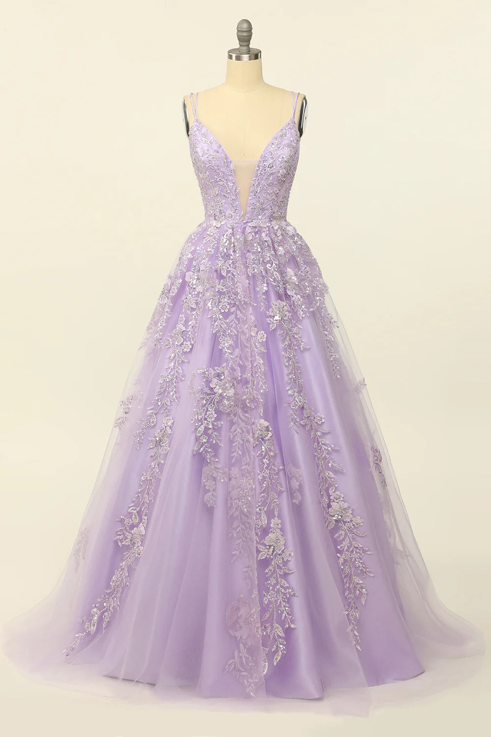 Lilac Spaghetti Straps Prom Dress With Appliques V-neck Beautiful