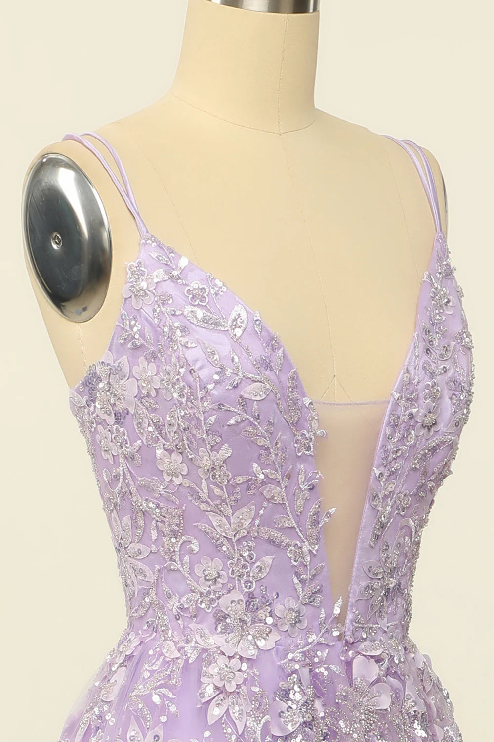 Lilac Spaghetti Straps Prom Dress With Appliques V-neck Beautiful