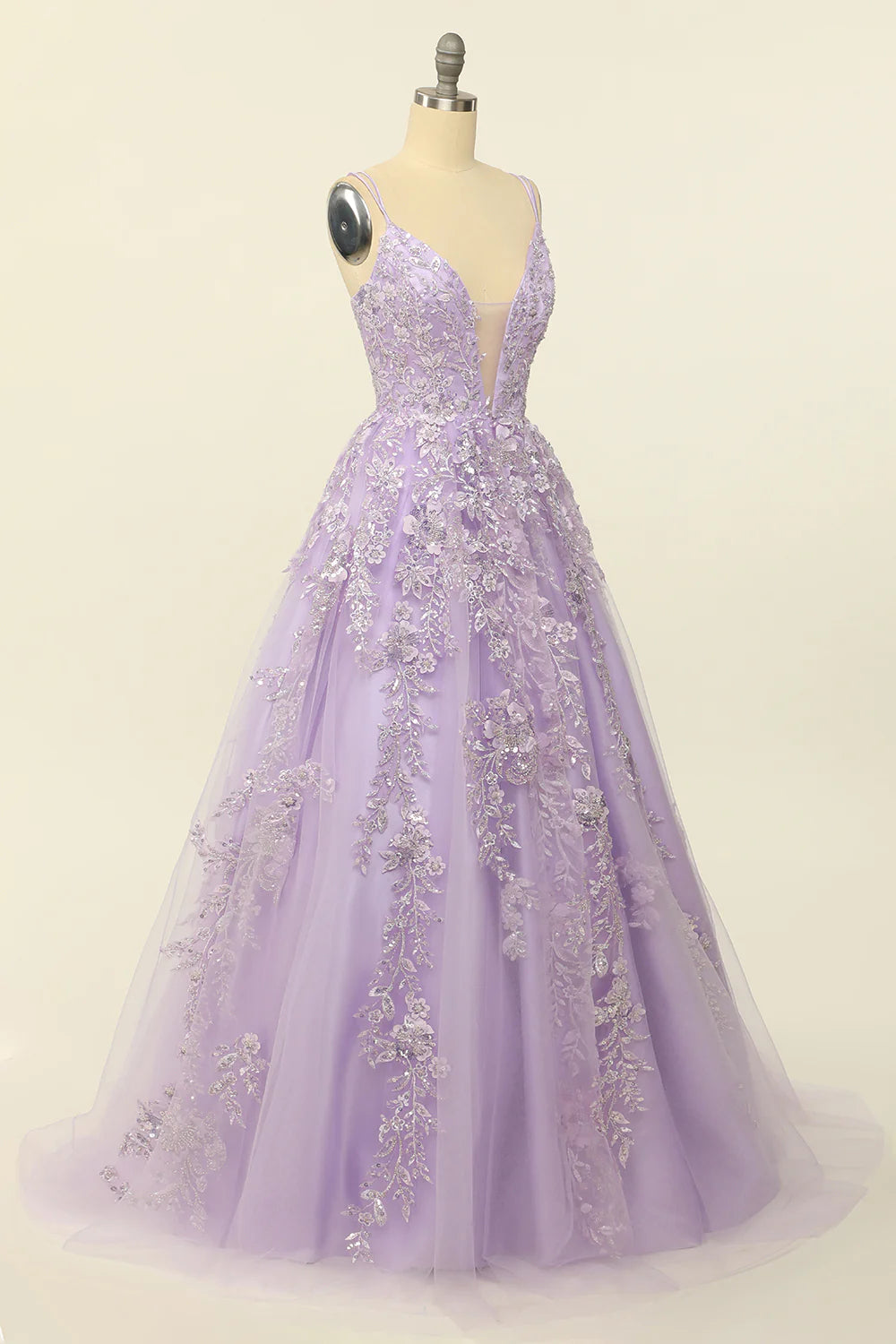 Lilac Spaghetti Straps Prom Dress With Appliques V-neck Beautiful