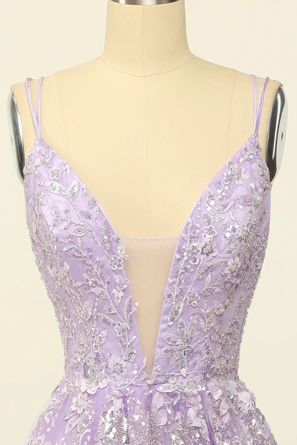 Lilac Spaghetti Straps Prom Dress With Appliques V-neck Beautiful
