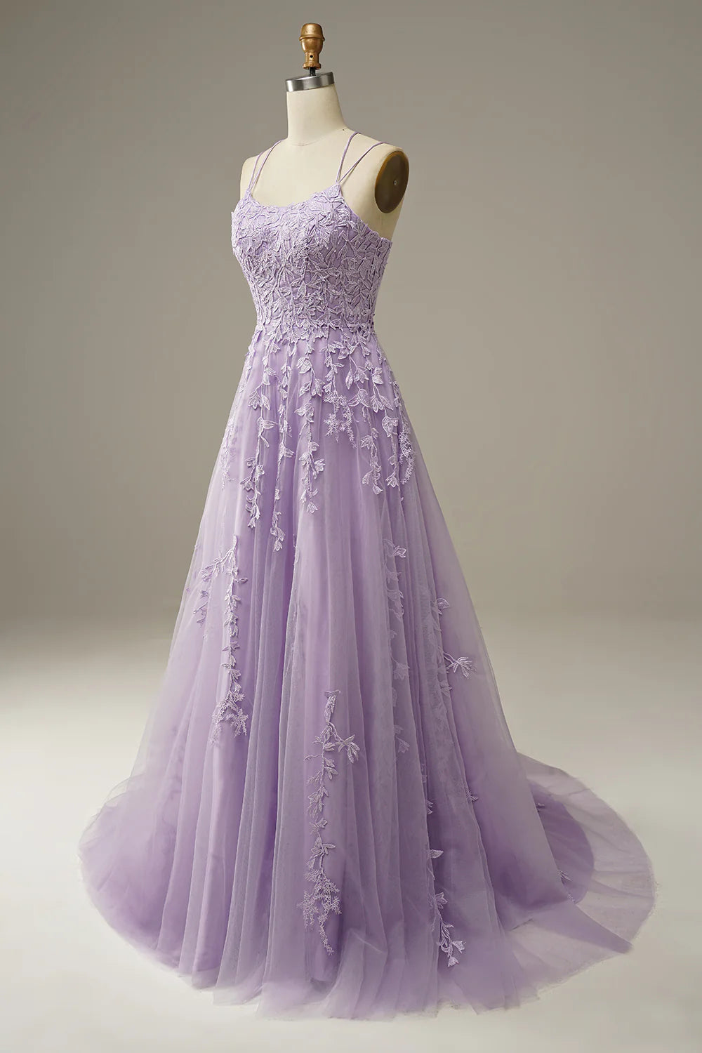A-Line Purple Spaghetti Straps Long Prom Dress With Appliques Beautiful
