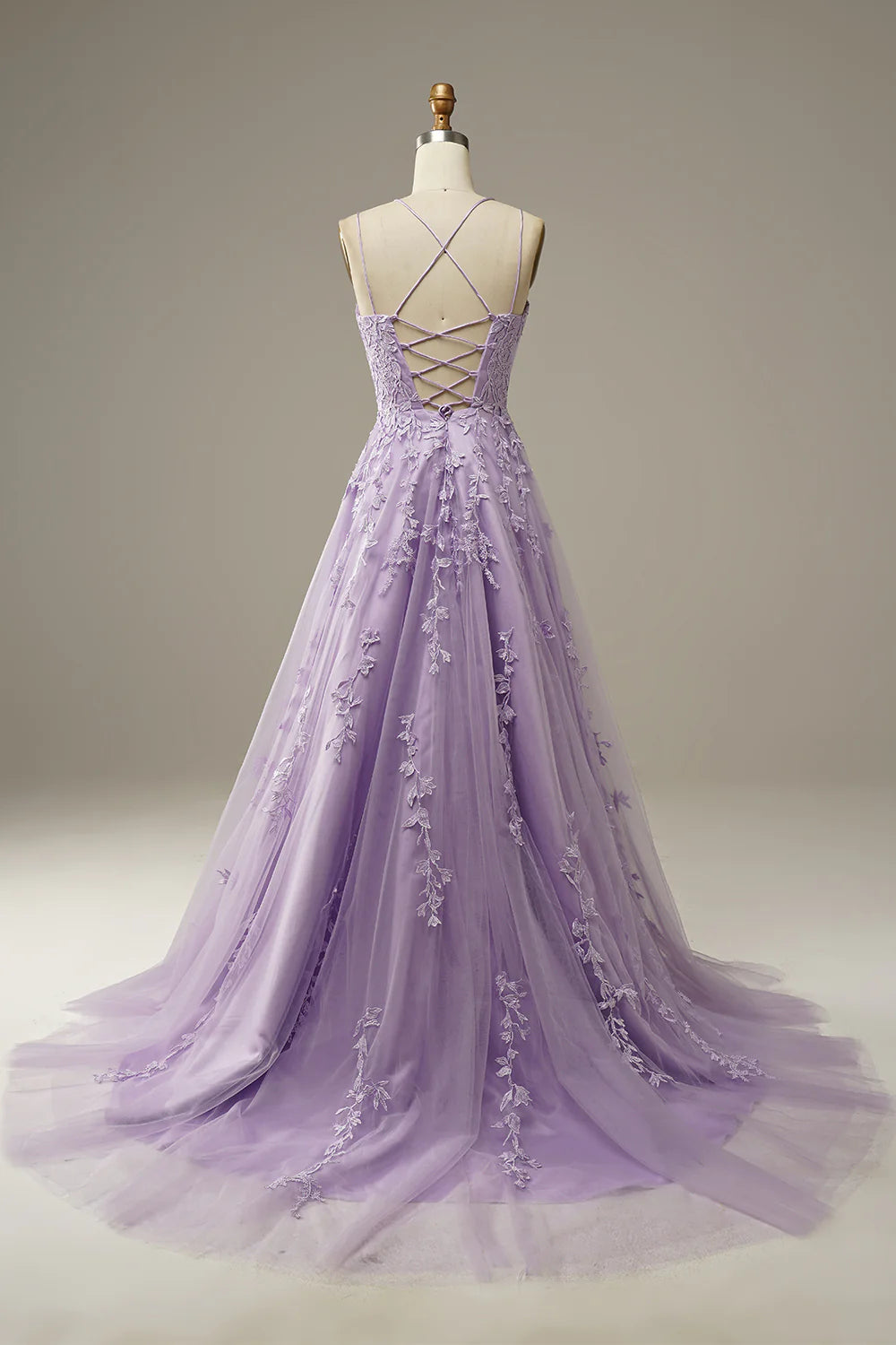 A-Line Purple Spaghetti Straps Long Prom Dress With Appliques Beautiful