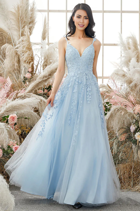 A-Line Purple Spaghetti Straps Long Prom Dress With Appliques Beautiful