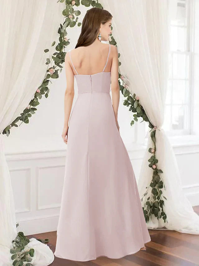 A-Line Jewel Neck Floor Length Chiffon Bridesmaid Dress Pink with Pleats