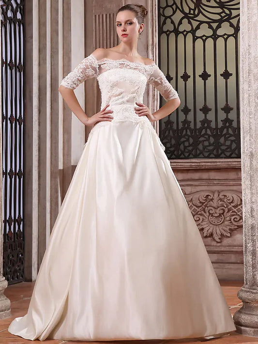 Ball Gown Wedding Dresses Scalloped-Edge Off Shoulder Court Train Satin Half Sleeve with Appliques