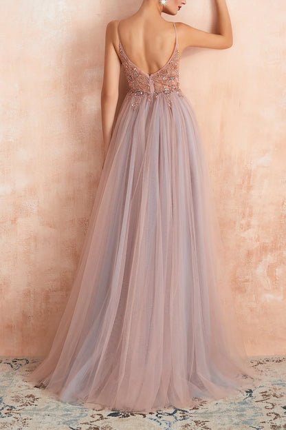 A Line V Neck Spaghetti Straps Slit Tulle Prom Dress With Sequins