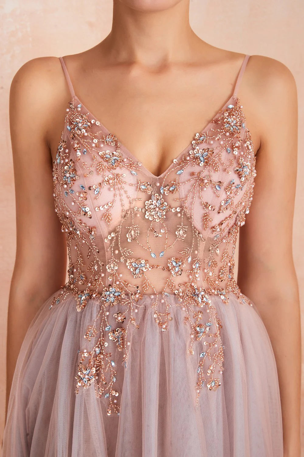 A Line V Neck Spaghetti Straps Slit Tulle Prom Dress With Sequins