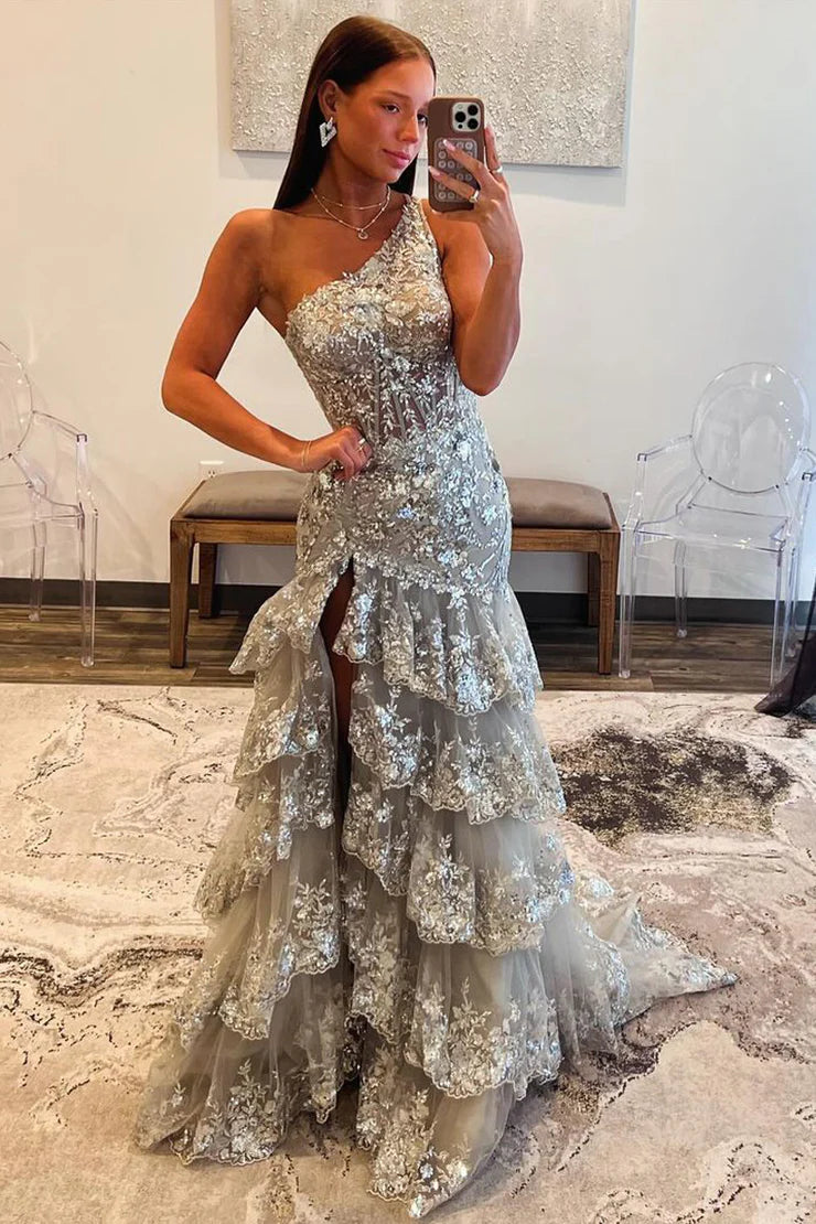 Mermaid One Shoulder Lace Sequins Layers Long Prom Dress with Slit Sexy