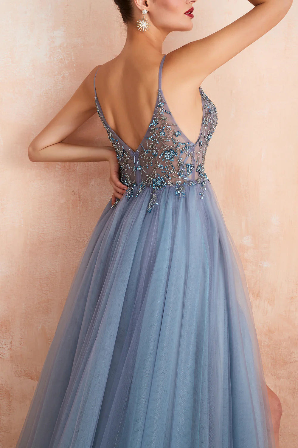 A Line V Neck Spaghetti Straps Slit Tulle Prom Dress With Sequins