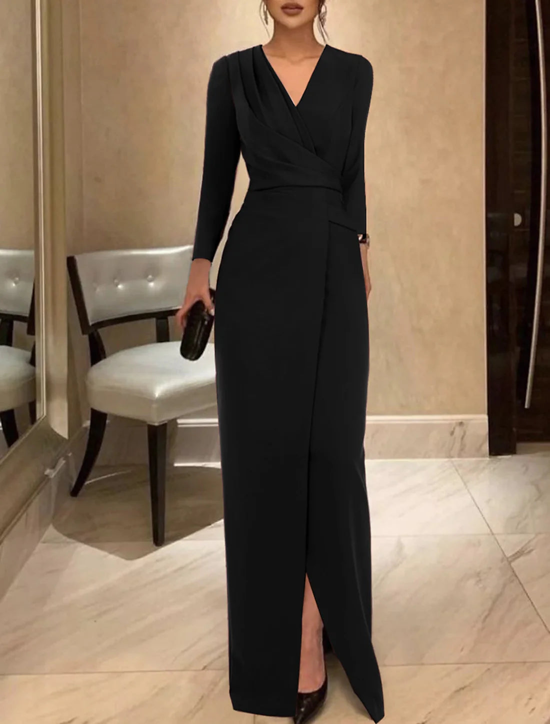 Sheath / Column Evening Gown Elegant Dress Formal Floor Length Long Sleeve V Neck Stretch Fabric with Ruched And Slit