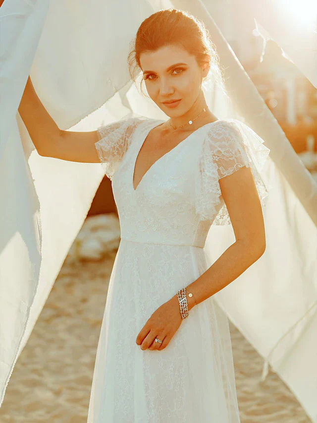 A-Line Wedding Dresses V Neck Floor Length Lace Short Sleeve Simple Casual Boho Illusion Detail Backless
