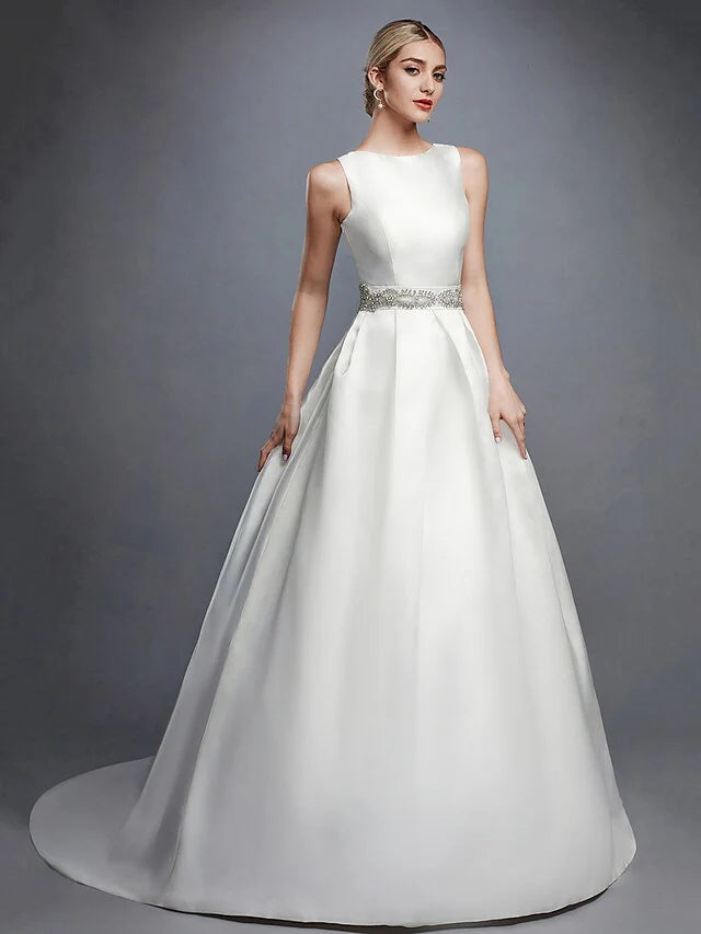 Ball Gown Wedding Dresses Bateau Neck Court Train Lace Satin Regular Straps Formal Backless with Lace Sash Ribbon Beading