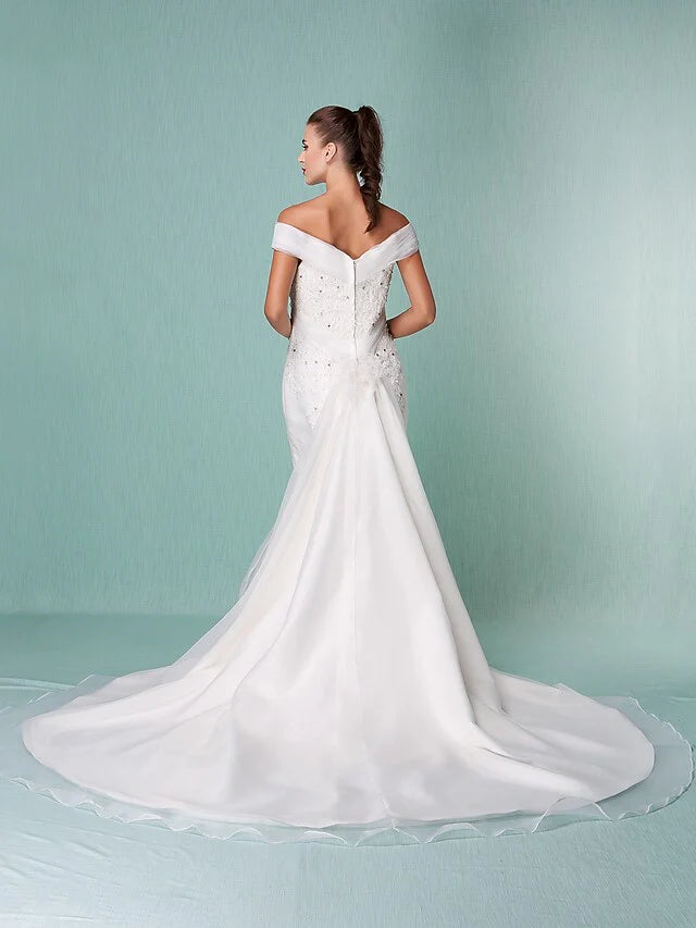 Wedding Dresses Off Shoulder Chapel Train Organza Short Sleeve with Beading Appliques Crystal Floral Pin