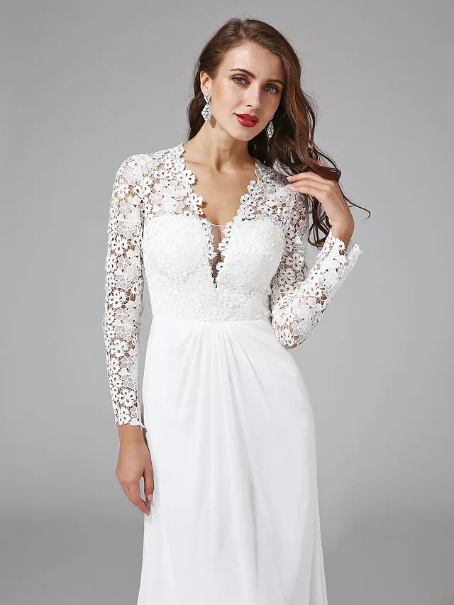 Wedding Dresses V NeckChiffon Floral Lace Long Sleeve Romantic Boho Illusion Sleeve with Back Lace Button