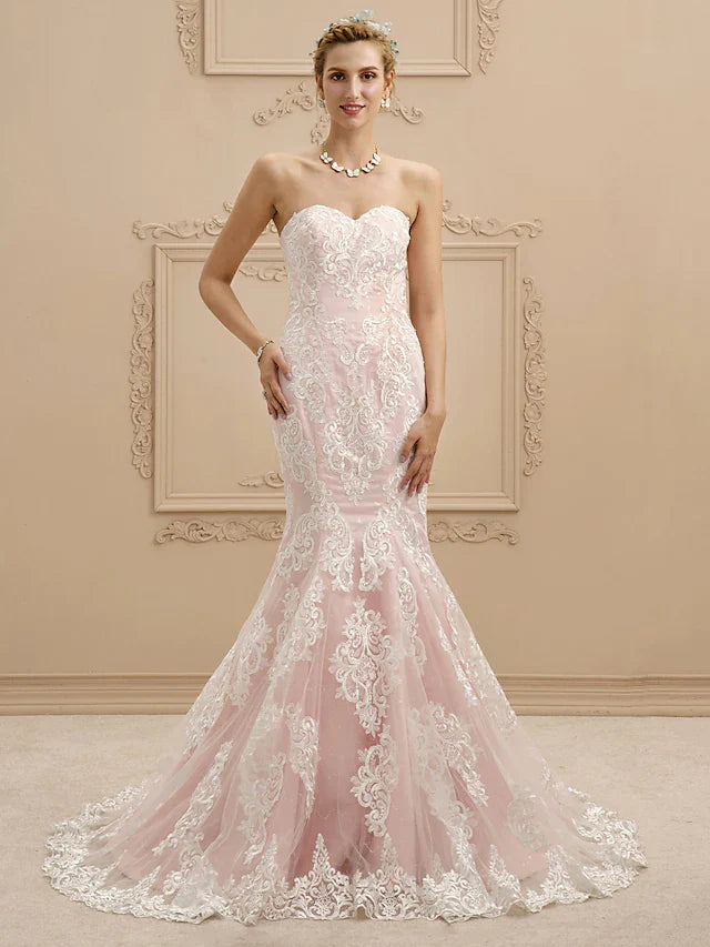 Wedding Dresses Sweetheart Neckline Court Train Lace Strapless Sexy Illusion Detail with Appliques Pink