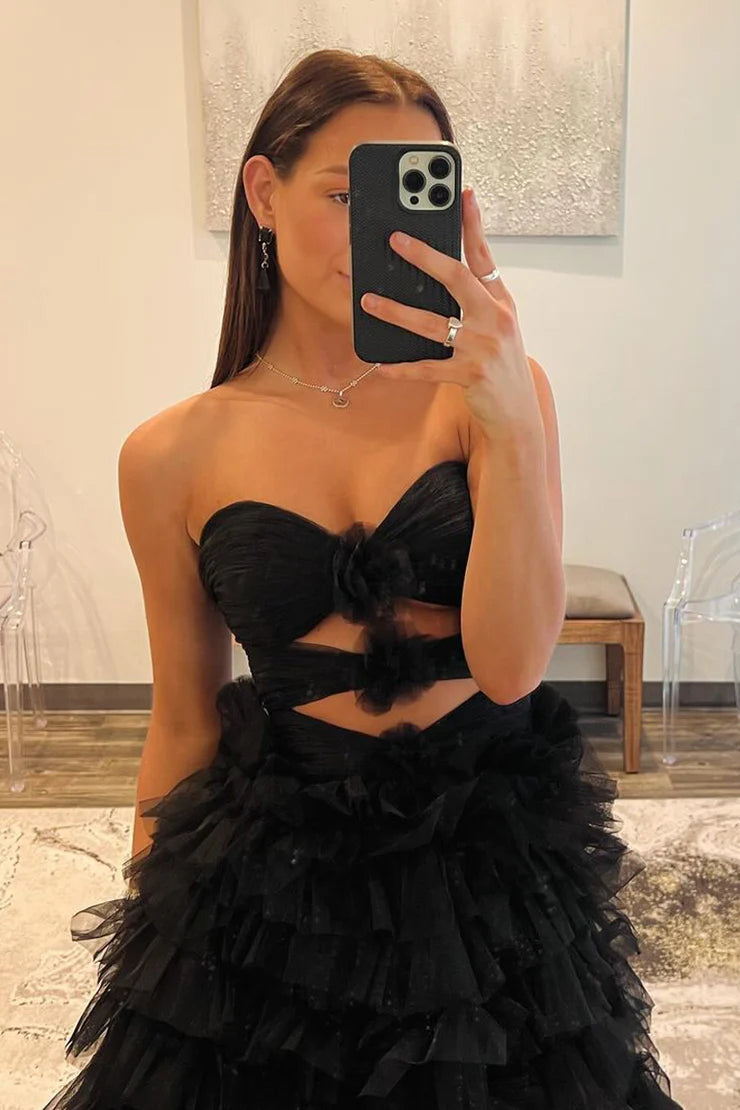 A-Line Strapless Black Tiered Tulle Long Prom Dresses with Flowers