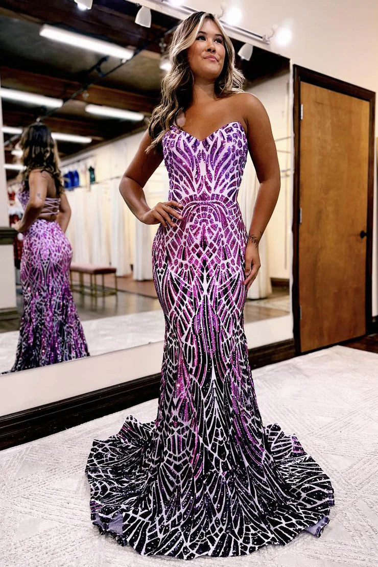 A Line Mermaid Strapless Long Prom Dress With Sequins