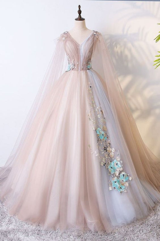 A-Line Off Shoulder V-Neck Tulle Long Prom Dress With Appliques