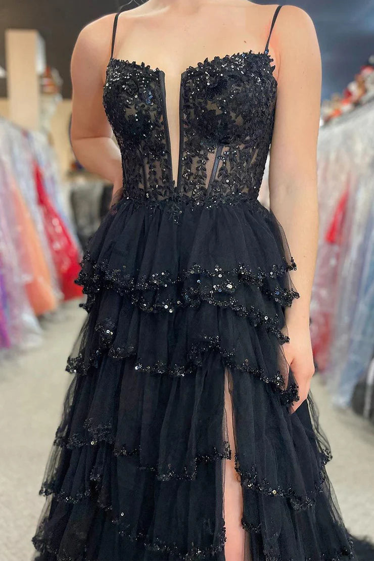 A Line Spaghetti Straps V Neck Black Tulle Tiered Prom Dress with Beading