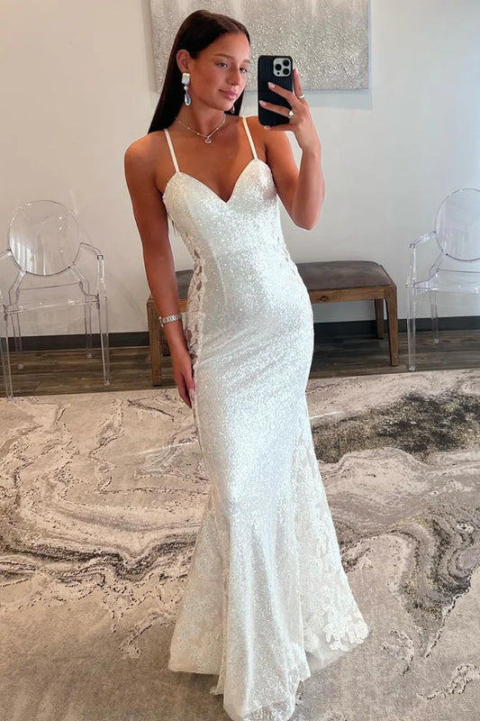 Mermaid Spaghetti Straps V Neck White Sequins Long Prom Dress with Appliques