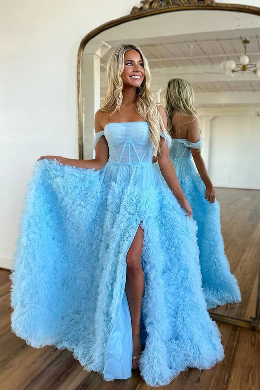 A Line Off the Shoulder Ruffle Tiered Tulle Prom Dress with Slit Beautiful