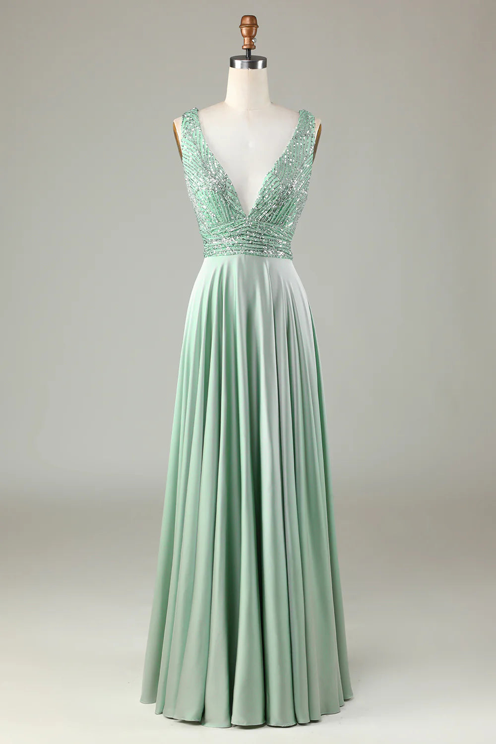 Sleek Glitter Sparking Low V-Neck Matcha Bridesmaid Dress with Sequins