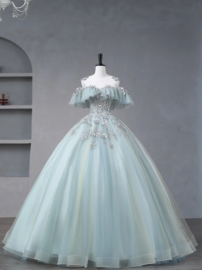 A-Line Evening Gown Quinceanera Floor Length Beautiful Tulle Evening Dresses With Sequins