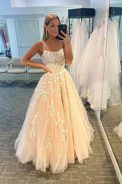 A-Line Spaghetti Strap Prom Party Dress See Through Dress Formal Prom Sweep / Brush Train Sleeveless Sweetheart Tulle Backless with Appliques