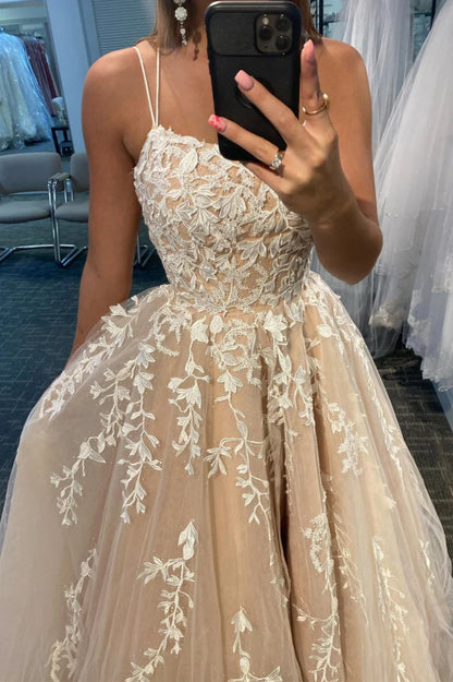 A-Line Spaghetti Strap Prom Party Dress See Through Dress Formal Prom Sweep / Brush Train Sleeveless Sweetheart Tulle Backless with Appliques