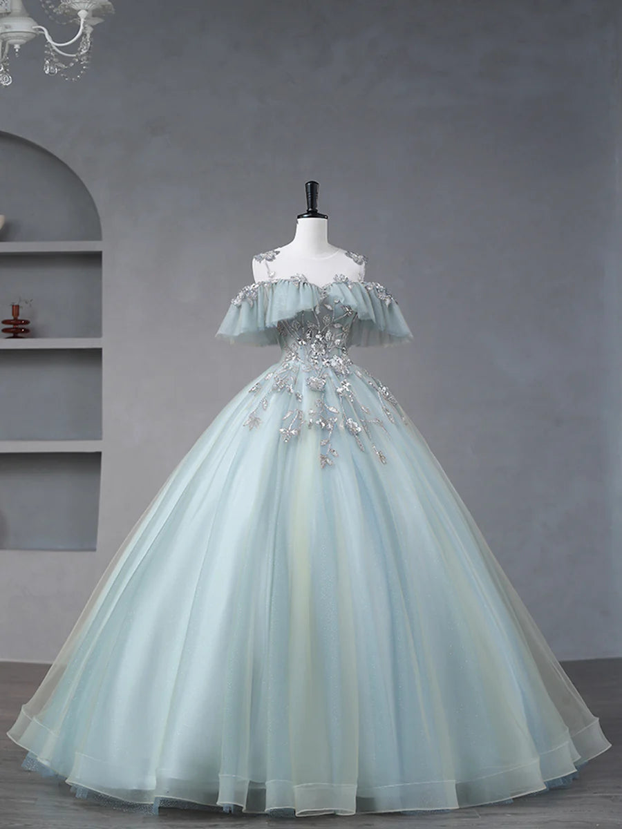 A-Line Evening Gown Quinceanera Floor Length Beautiful Tulle Evening Dresses With Sequins