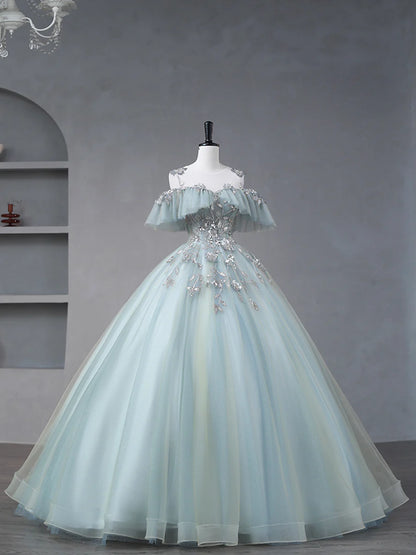 A-Line Evening Gown Quinceanera Floor Length Beautiful Tulle Evening Dresses With Sequins