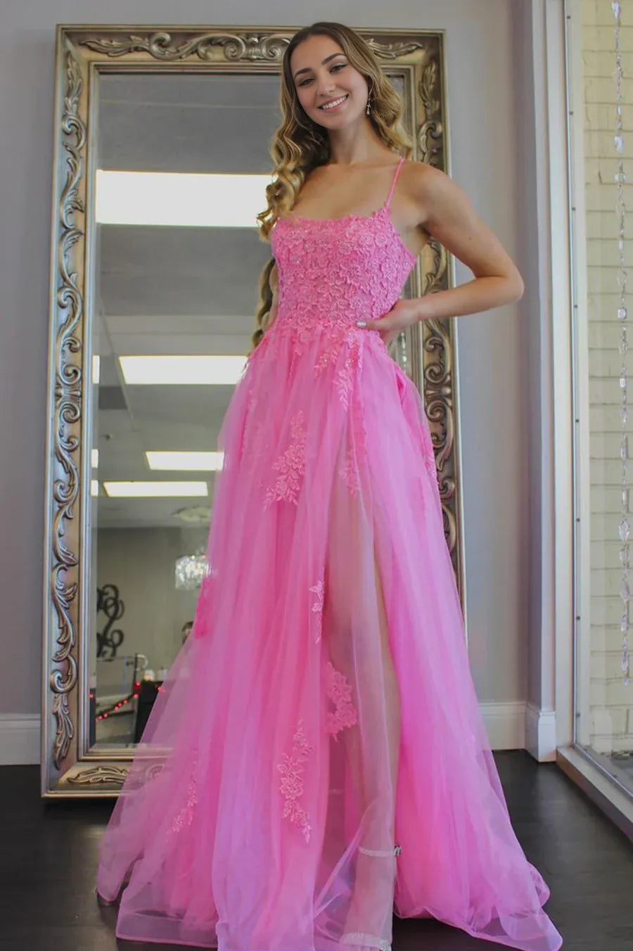 A-Line Spaghetti Straps Pink Lace Backless Formal Evening Dresses Long Prom Dresses With Appliques