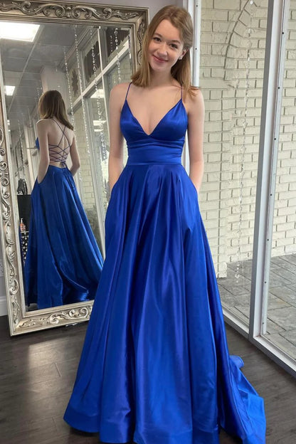 A-Line Spaghetti Straps V Neck Satin Backless Long Prom Dresses Evening Dresses with Pockets