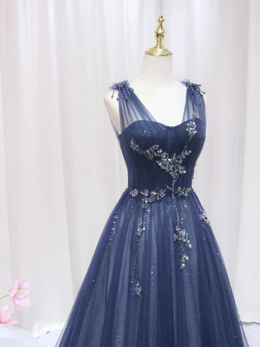 Wedding Guest Sweet Floor Length Sleeveless Tulle Beaded Long Prom Dress